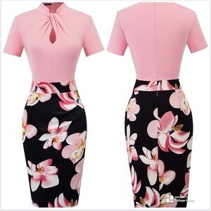 Homeyee Pink Two Toned Black Floral Business Church Dress B430 NWT